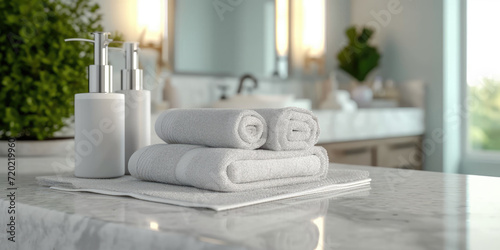 three towels are on a marble counter in White bathroom interior.  