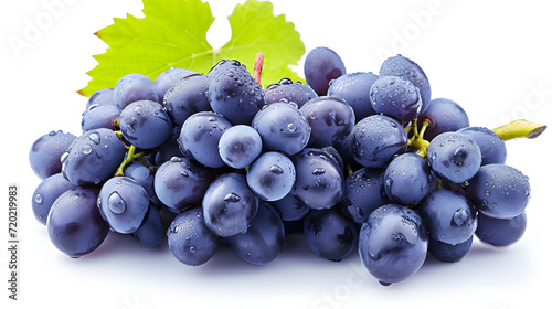 Blue wet Isabella grapes bunch isolated on white background. Ripe grapes.