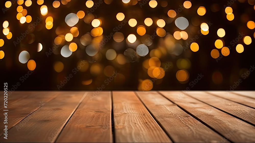 empty wooden table area behind artificial christmas lights on a wood background,Empty wood table top with blur bokeh light background