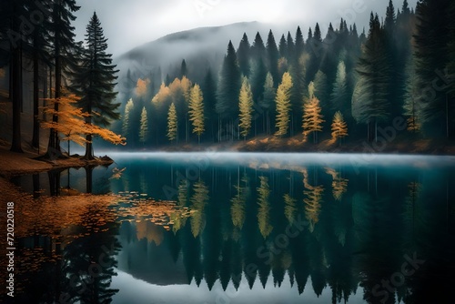 Foggy Lake in the Forest with Tree Reflections, Karagol, Artvin, Turkey