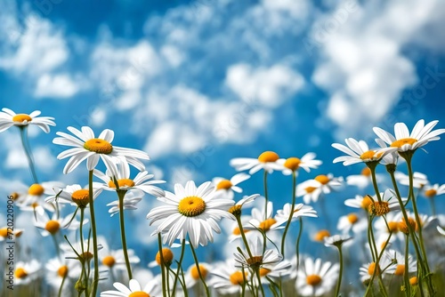 Flowers daisies in summer meadow and blue sky with white clouds. © sami