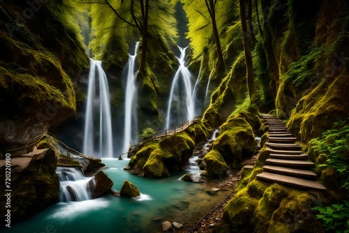 Trails for walking, hiking, sports and recreation along the waterfalls Giessbach Falls (Giessbachf??lle oder Giessbachfaelle) and in the creek valley, Brienz - Canton of Bern, Switzerland (Schweiz) photo