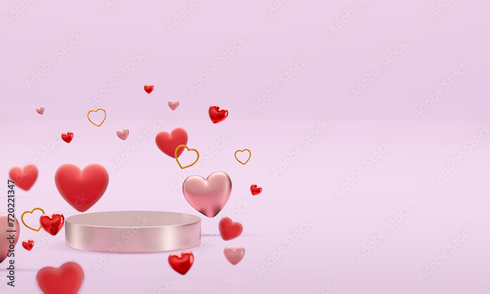 podium for products valentine pink  hearts concept,  panoramic mock up illustration 3d render