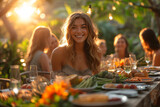 Portrait of a smiling young woman sitting at a table during a dinner party Easter Picnic