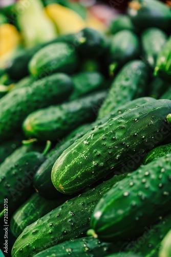 Fresh cucumbers at the market. Selective focus. Shallow depth of field