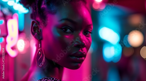 nightlife glow: stylish woman under purple neon after the party