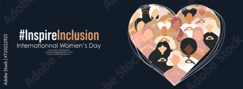 Women's Day banner. #InspireInclusion Diverse women with heart-shaped hands stand together