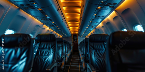 Interior empty cabin of a passenger civil aircraft, illuminated at night. Generative AI photo