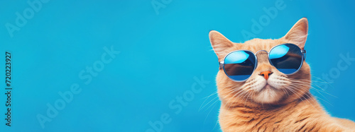 Red cat in sunglasses selfie portrait on a blue background. Free space for product placement or advertising text.