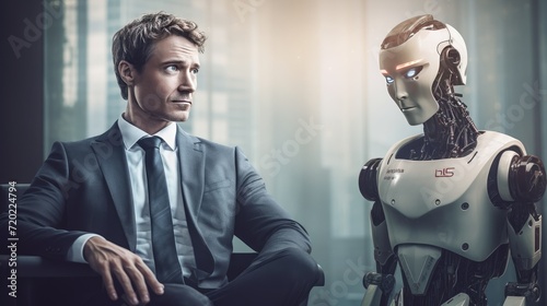 Man and AI robot job interview