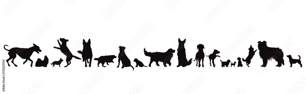 Set of vector silhouettes of different dogs in different positions on a white background. Dog and pet symbol. Set of vector silhouettes of different dogs in different positions on a white background. Dog and pet symbol.