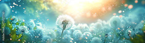 Field with fluffy white dandelions in natural park. Abstract panoramic background.