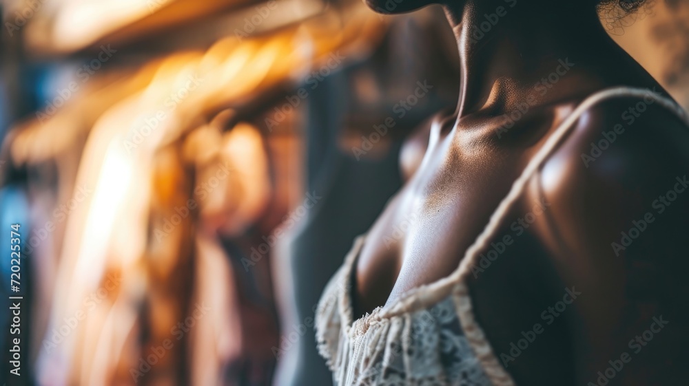 Close-up of a woman's shoulder in a lingerie store Close-up of a woman's shoulder in a lingerie store