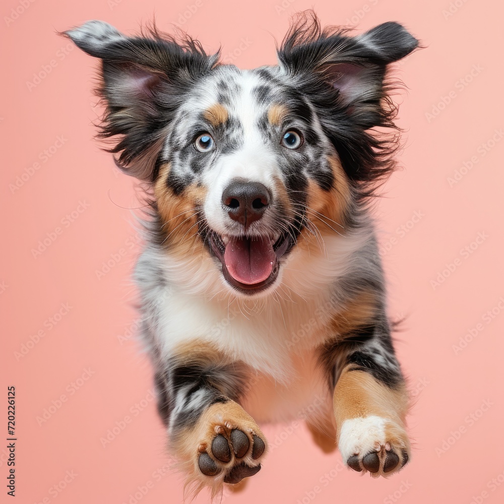 A happy jumping Australian Shepherd. light-pink Background