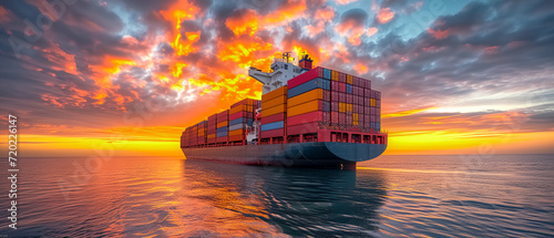 Logistics and transportation of Container Cargo ship at sunrise, logistic import export and transport industry background photo