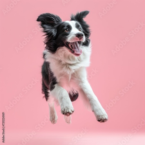A happy jumping Border Collie. light-pink Background