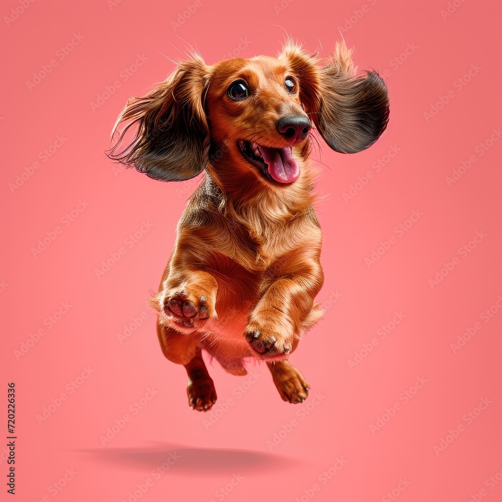 A happy jumping Dachshund. light-pink Background