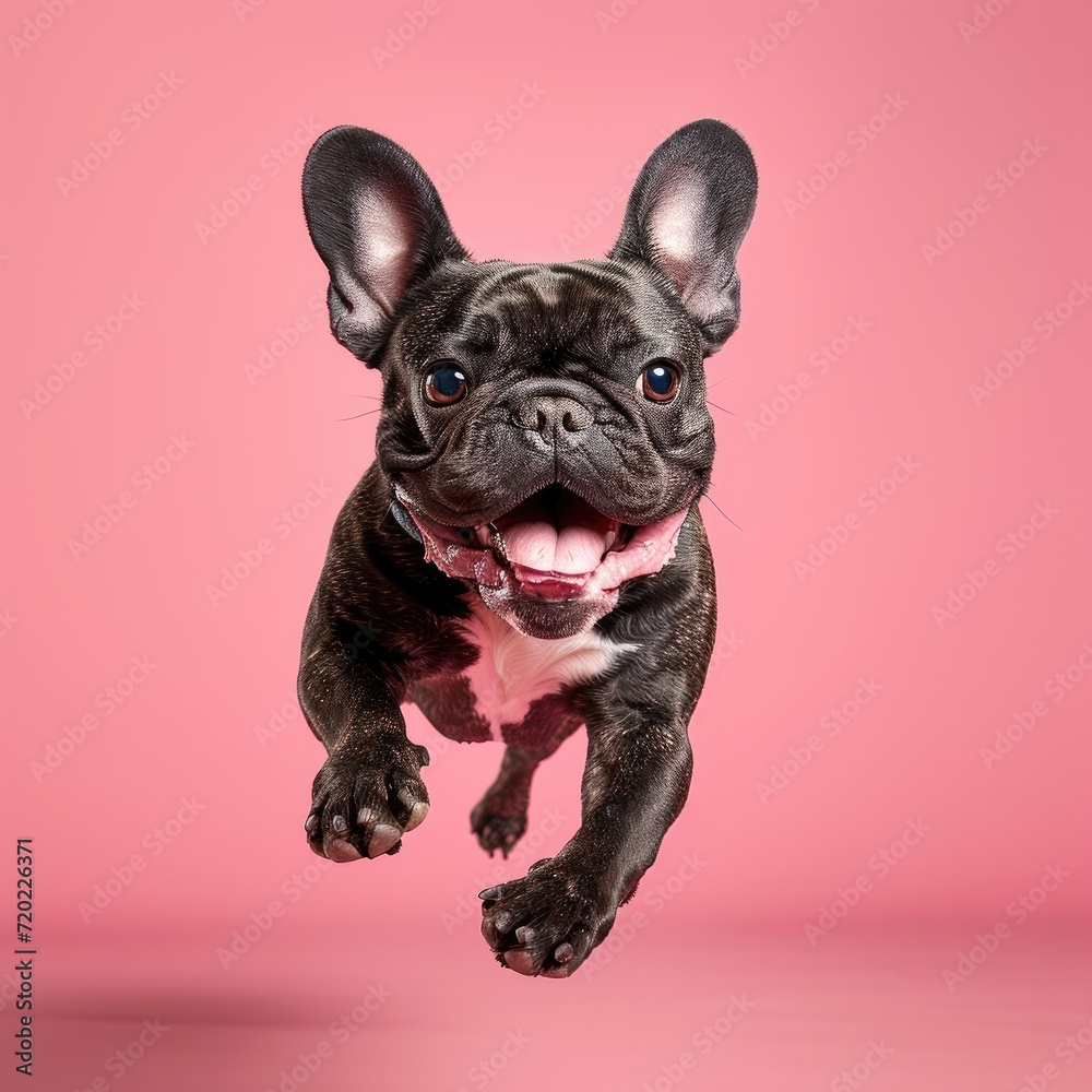 A happy jumping French Bulldog. light-pink Background