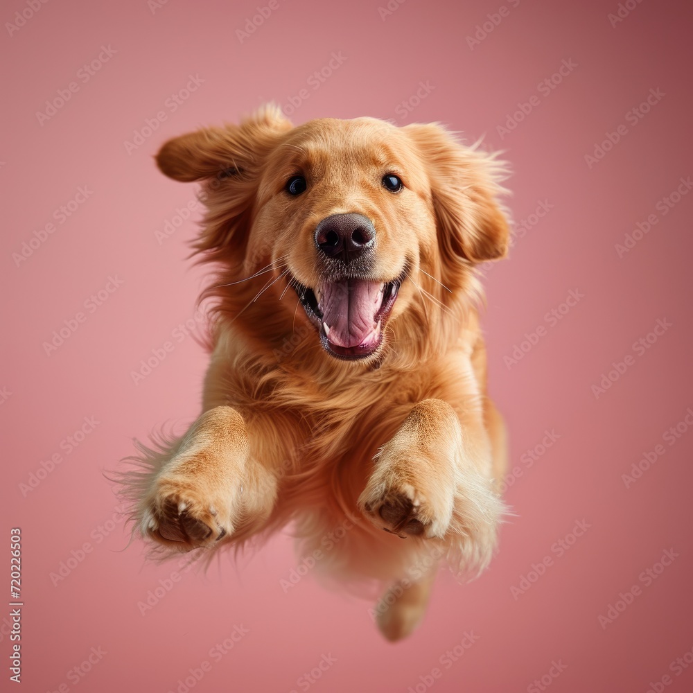 A happy jumping Golden Retriever. light-pink Background