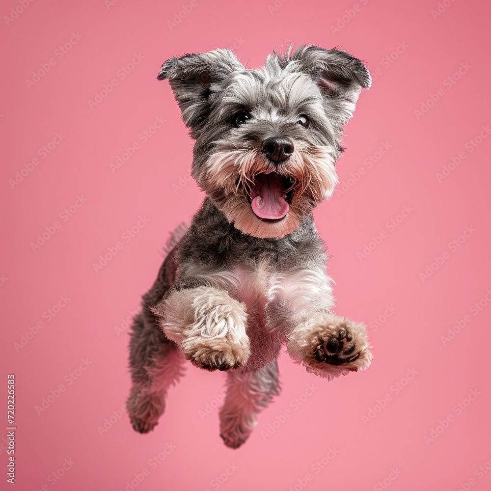 A happy jumping Miniature Schnauzer. light-pink Background