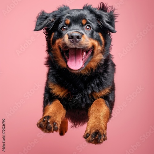 A happy jumping Rottweiler. light-pink Background