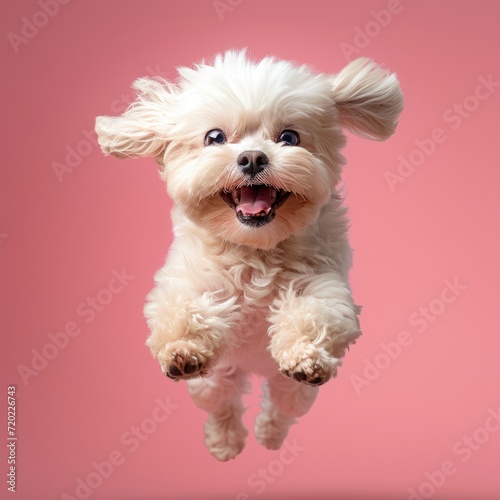 A happy jumping Shih Tzu. light-pink Background