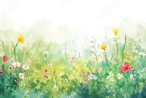Watercolor Meadow at Dawn. A serene watercolor meadow with wildflowers at dawn.