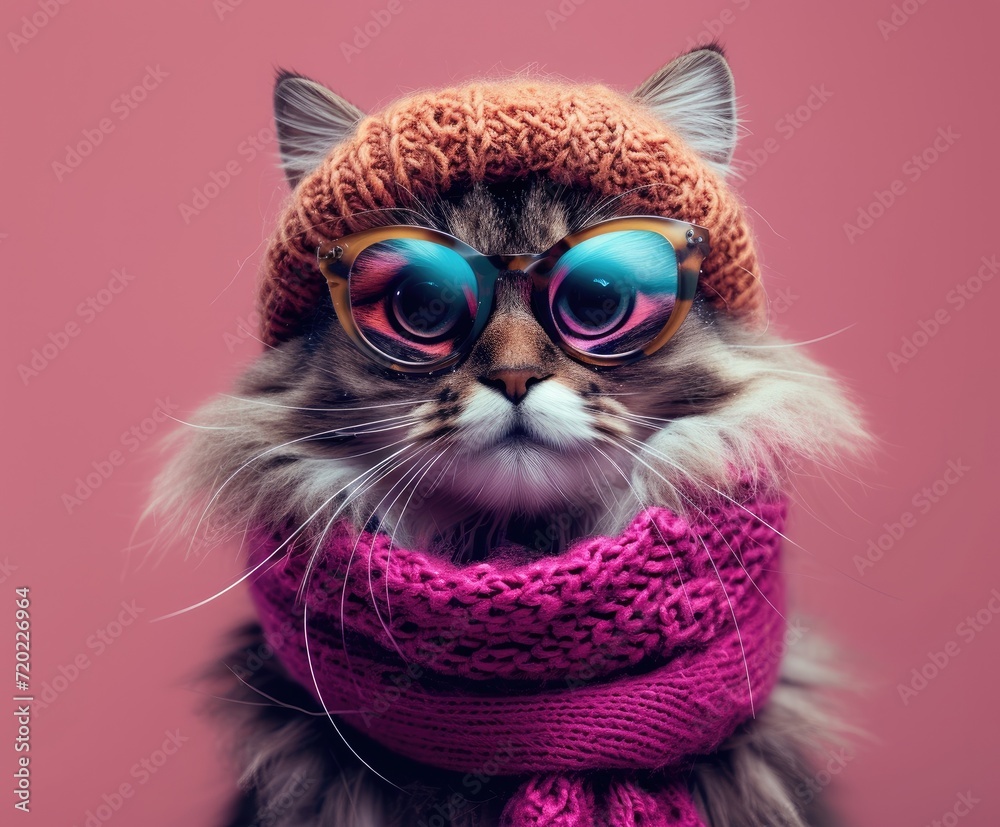 portrait of a human-like cute female cat wearing stylish haute couture party clothes in berry colors