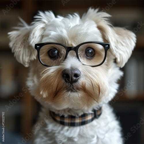 white dog wearing black rimmed glass in front of white background