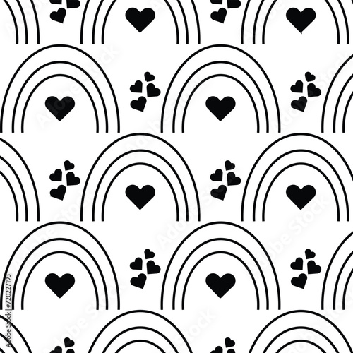 Hearts and Rainbows seamless pattern, love black and white, love isolated on white background