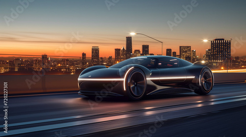  Futuristic Concept Car Driving Against City Sunset © Fathima