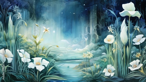 Midnight Blooms in a Mystical Moonlit Forest. Moonlight filters through a mystical forest, highlighting the white blooms and foliage.