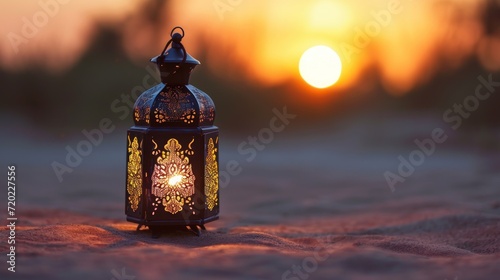 Lantern on the beach at sunset. Ramadan Kareem background