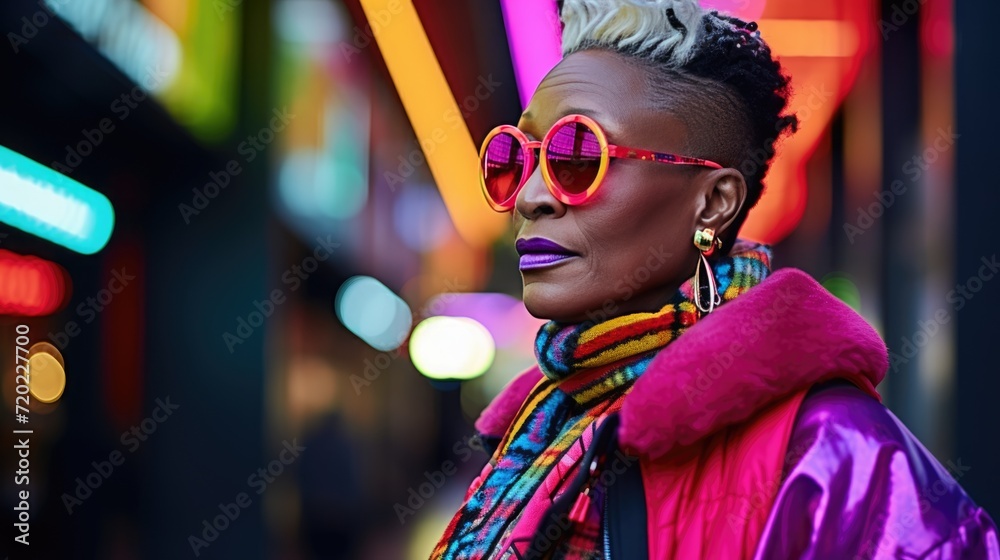Urban Night Glow: Stylish Woman Amid City Lights. Vibrant portrait of a fashionable woman soaking in neon city lights.