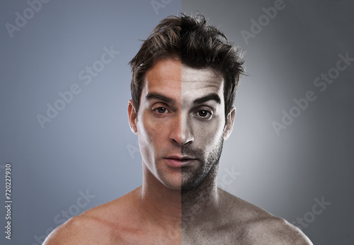 Man, beard and half face for hair removal improvement in studio for wellness, comparison or grey background. Male person, portrait and self care for before and after, transformation or mockup space