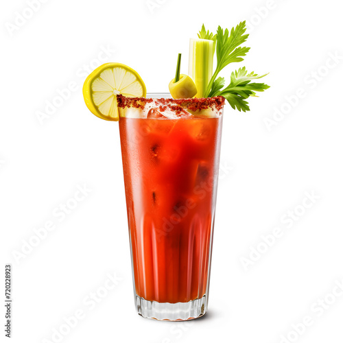 Bloody mary cocktail garnished with a slice of lemon, celery, olive and parsley isolated on white background. Generative Ai.