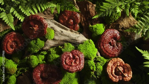 View from above of Ganoderma mushrooms growing next to green moss, tree roots and ferns. Simulated natural scene with turntable for advertising. photo