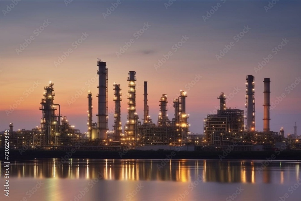 Sundown illuminates petrochemical industry with glowing light. Generative AI