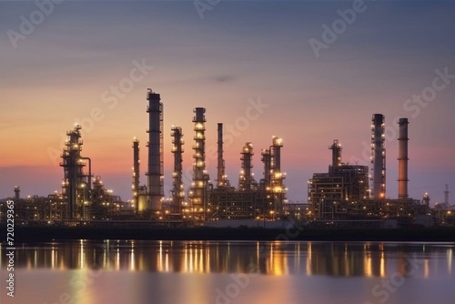 Sundown illuminates petrochemical industry with glowing light. Generative AI © Ramin