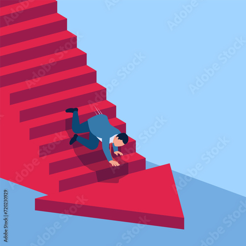 people fall down stairs towards a downward arrow, a metaphor for the downfall of a business. Simple flat conceptual illustration.