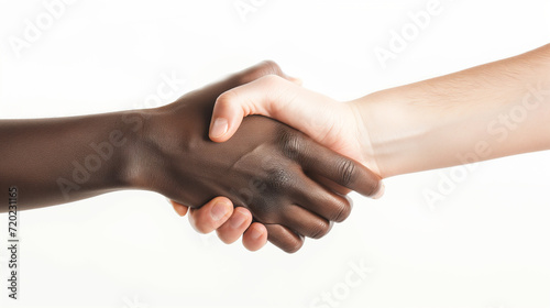 Dark-skinned hand shakes hands with a white-skinned man on a white background. Representing the equality and friendship of nations