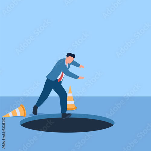 people fall into holes, a metaphor for the downfall of business. Simple flat conceptual illustration.