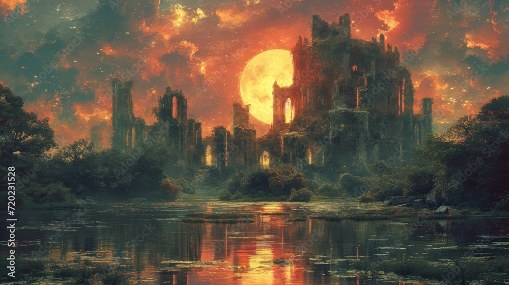 Amidst the towering skyscrapers and tranquil waters, a majestic castle stands adorned with a sprawling tree, basking in the moon's ethereal glow as its reflection shimmers below