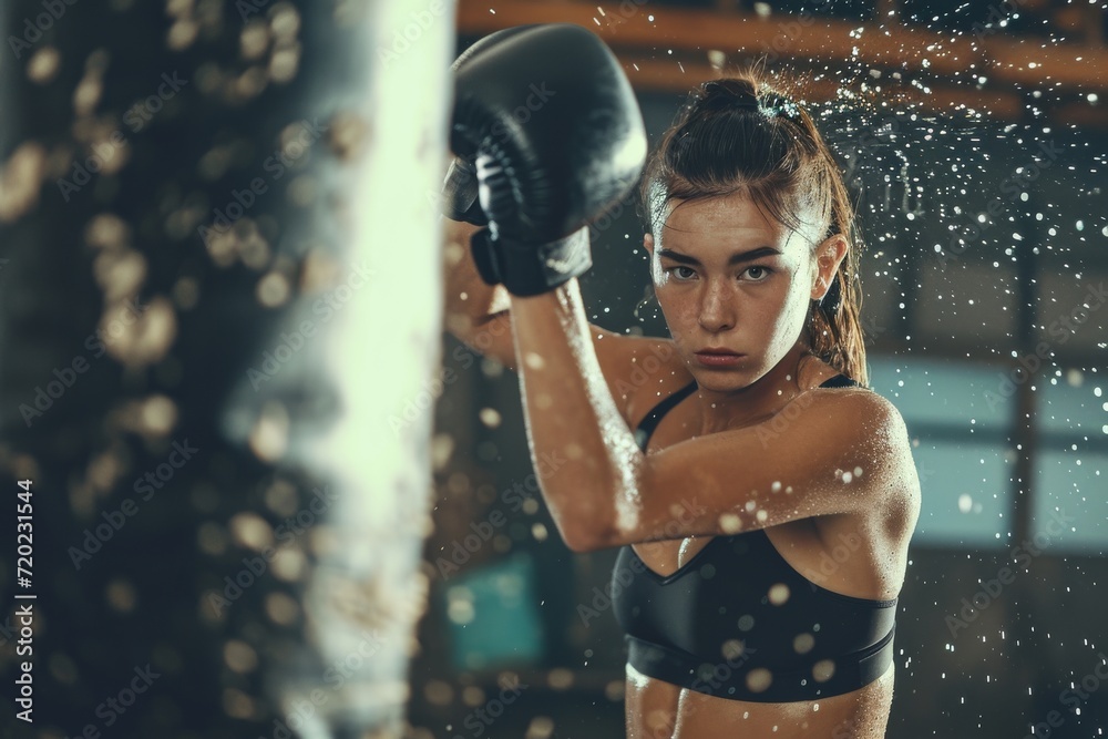 A fierce woman confidently wears boxing gloves while showing off her outdoor fashion sense, embodying strength and determination with her intense human face