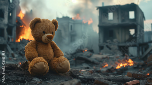 Children's toy bear against the backdrop of a burned city destroyed due to military conflict