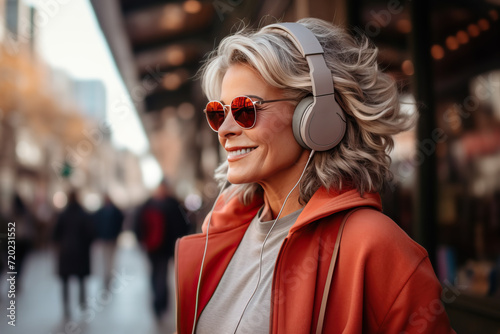 Senior woman outdoors with headphones. Generative AI. © Lux Images