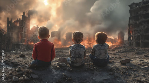 Children sit in front of a burnt city destroyed due to military conflict
