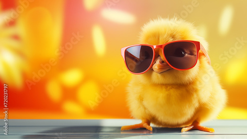 Chick baby wearing sunglasses on a solid color background.