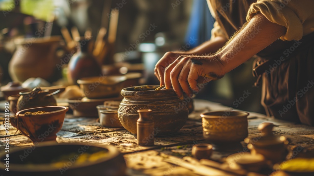 Artisan's hands shaping a clay pot amid pottery on a wooden table Artisan's hands shaping a clay pot amid pottery on a wooden table