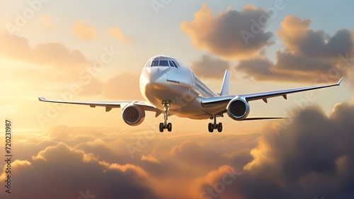 Commercial airplane flying at sunset, clear skies with clouds, travel and transportation concept. AI